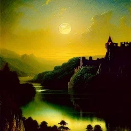 Drawing of 'Medieval German Castle',mountain,lake,full moon, by gaston bussiere, greg rutkowski, yoji shinkawa, yoshitaka amano, tsutomu nihei, donato giancola, tim hildebrandt,oil on canvas, cinematic composition, extreme detail,fit full head inside picture,16k