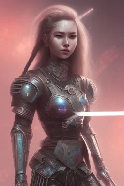 female knight, cyberpunk futuristic neon. fencing, long sword in her hand, decorated with traditional Japanese flowers, perfect face, fine details, realistic shaded, fine - face, pretty face, masterpiece