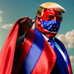 realistic image of donald trump as a mexican wrestling fighter posing outdoors, Mexican eyes wrestling mask, red and blue breeches, confederate flag cape, retro style, 80s, vibrant color, highly detailed, sky background, concept art, unreal engine 5, god rays, ray tracing, RTX, lumen lighting, ultra detail, volumetric lighting, 3d, finely drawn, high definition, high resolution.