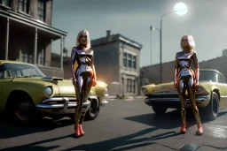 Ultra Realistic retro sci-fi, 1960 year, levitating all cars and a young blonde woman quiet, latex suit, soft color, highly detailed, unreal engine 5, ray tracing, RTX, lumen lighting, ultra detail, volumetric lighting, 3d, finely drawn, high definition, high resolution.