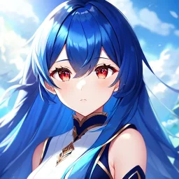 girl, masterpiece, best quality, volumetric lighting, detailed outfit, perfect eyes, long hair, blue hair, red eyes, wind,