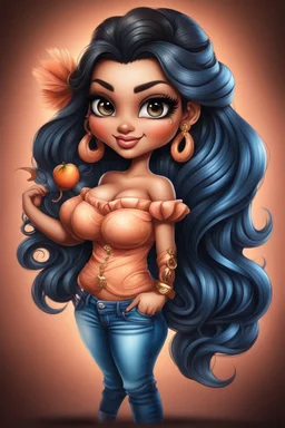 create an airbrush illustration of a chibi cartoon curvy polynesian female wearing Tight blue jeans and a peach off the shoulder blouse. Prominent make up with long lashes and hazel eyes. She is wearing brown feather earrings. Highly detailed long black shiny wavy hair that's flowing to the side. Background of a night club.