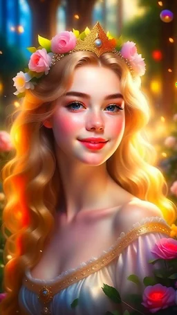 Adorable digital painting of a beautiful girl in a gorgeous elegant wedding dress, portrait of Princess Aurora, sparkling crown, front view, beautiful smile, shiny golden curly hair, angel eyes, beautiful face, rosy cheeks, pink lips, Aurora's face, digital art, surrounded by garden and roses in the background, romantic style, dream world, high quality, 4k