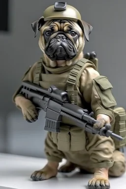 pug soldier with rilfe M4 with helmet ready to go to war realistic