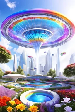 very beautiful, ,flowers, garden,rainbow, cité futuriste ultra moderne, ufos, cascade colorée