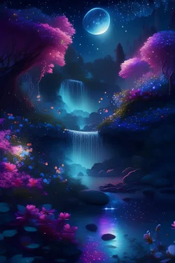 beautiful fairy land in space,night lights,flowers,river,waterfall,trees