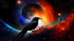 Crow in a space an the background of planets, souls, tree of life