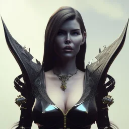 Lara Flynn Boyle as evil queen in black leather, leather, busty, cleavage, angry, stern look. character design by cory loftis, fenghua zhong, ryohei hase, ismail inceoglu and ruan jia. unreal engine 5, artistic lighting, highly detailed, photorealistic, fantasy