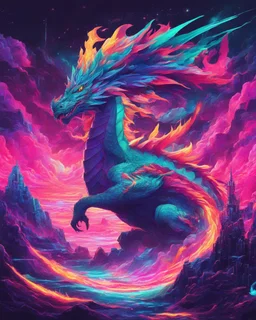 Dragon in a vibrant synthwave dreamscape, neon chaos swirling energetically around pixelated forms, a dynamic fusion of retro gaming nostalgia and futuristic abstraction