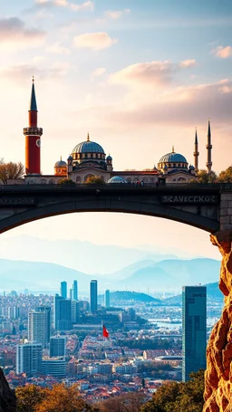 A symbolic image showing Turkey's culture as a bridge between Europe, Asia, and the Orient. Combine old and new: traditional domes, modern skylines and distant landscapes. Warm light, rich colors, harmony between tradition and modernity, no people, no text.