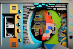 man with head inside a Hole in the wall bank machine in the style of Eileen Agar