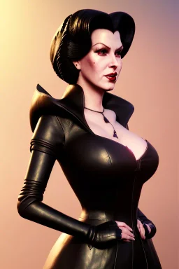 Lana Turner as evil queen in black leather, leather, busty, cleavage, angry, stern look. character design by cory loftis, fenghua zhong, ryohei hase, ismail inceoglu and ruan jia. unreal engine 5, artistic lighting, highly detailed, photorealistic, fantasy