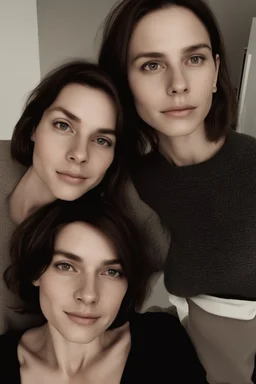 A selfie of a brunette woman, middle short hair, showing a 27-year-old European woman. She has white skin, tousled brown hair, face without makeup, big round dark brown eyes, cute profiled nose, detailed full lips, skin texture. show on the side same face but 10 years older