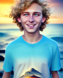 full length photograph of a beautiful 12 year old boy with long, blonde curly hair and light blue eyes, smiling, in front of a beach in sunset, highly detailed, smooth, photorealistic, digital art, HDR