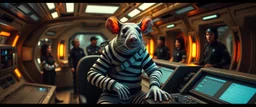9️⃣ Crew Euphoria "Inside spaceship bridge and hallways. Crew visibly relaxed and productive. Giant mummy rat in prisoner black and white suit, sits confidently on console, alert but calm, bandages clean, eyes intelligent and sly. Stasis rat pod subtly visible. Warm, dramatic lighting, realistic textures, mood calm triumph and satisfaction."