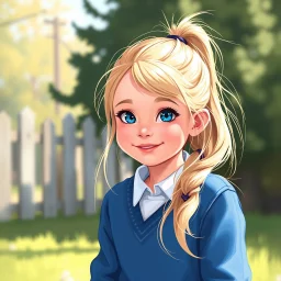 a pretty girl, age 8, blonde hair in a pony tail, playing outside, blue school jumper, digital painting, stylised