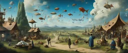 Salvador Dali & Hieronymus Bosch greet each other at an outdoor surrealist market. A flock of dream-like sky-fish fly high in the far distant sky, with a beautiful surreal outdoor countryside summer scene with hills, interesting dwellings, pathways, stairways, waterfalls, & an intricate fractal sky, very high detail, photorealistic, epic cinematic, 8K, Large depth of field