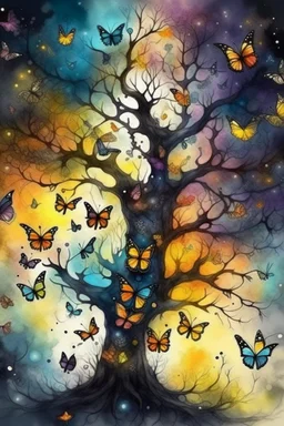 on an old magic tree, a magic lantern hangs on the branches, energy pulsates in it, a lantern filled with colorful mists and galaxies inside. butterflies and moths are flying around, sensually, dry multi-layered watercolor, filigree, magical, watercolor bokeh background, charcoal drawing