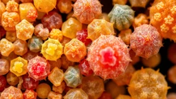 A high-resolution image of various coloured pollen grains from different plant species. The photomicrograph shows the diverse shapes, sizes, colours and surface textures of the pollen, each grain appearing like a tiny, alien artifact. Award-winning photograph, beautiful composition, exquisite detail and illumination