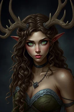 A female fantasy druid with antlers, olive toned skin, long brown curly hair, green eyes, Quirky face, Realistic style
