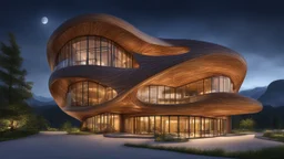 inspiring interwoven wooden ultra-modern building based on parabola shapes, sine curves and helix shapes, featuring large windows, rural location, night, moonlight, fireflies, distant mountains, lake, astonishing architecture, beautiful, wow, extremely detailed, photographic quality, beautiful composition, Ultra Realism, Complex intricate Details, 16k, HDR, High Quality, Sharp Focus, Studio Photo, attractive, innovative