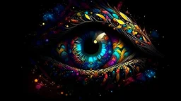 epic colorful fractals in the shape of evil eyes.hi res, fine details, sprawling geometric shapes, intricate vines with metallic prisms in space. nebula style. SPARKLES , glassy