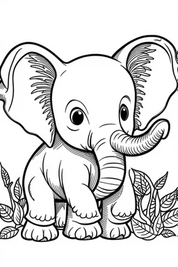 cute coloring page, sketch style, cute baby elephan in the jungle, cute cartoon, white and black, withe background, no shadows, outline.