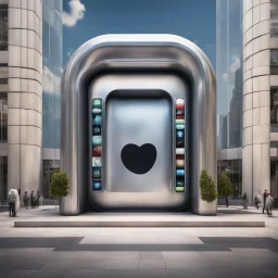 dramatic store surreal entranceway that is shaped like a giant smart phone with buttons, Apple Inc Logo in window, dramatic modernist architecture, stylish, hyperrealistic, photoreal, HD