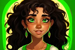 anime girl with dark skin that has long curly black hair and green eyes playing with Peter Pan