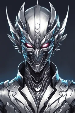 Logo silver skinned anime Dragman cyberpunk with dragon mask in his eyes full body