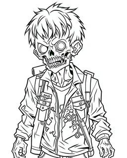 outline art for zombie boy coloring page, Japanese manga style, cartoon style, cute face, white background sketch style, full body is a must, only use outline, clean line art, no shadow, bold outline