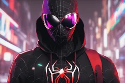 Miles morales in 8k nier automata drawing style, spider man them, cinematic mood, neon effect, close picture, rain, highly detailed, high details, detailed portrait, masterpiece,ultra detailed, ultra quality