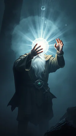 dwarven priest expert holding up a radiant Painite crystal rosette ball shooting radiant light through the fog