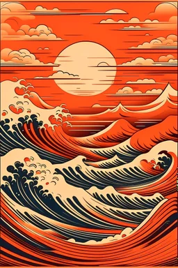 A poster for a Japanese restaurant in calm colors, a background of waves and orange