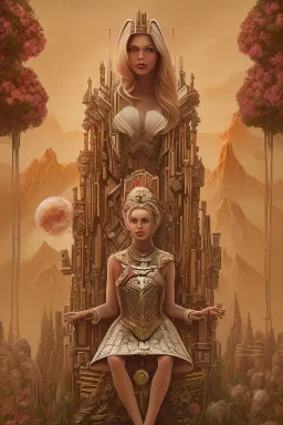 портрет леди сидит на деревянном троне,треугольное лицо,тонкие губы,карие глаза,веснушки,блонд,опасная,абстрактная картина,детали,текстура,фрукты,ретро,армагедон,горы,цветы,средневековье