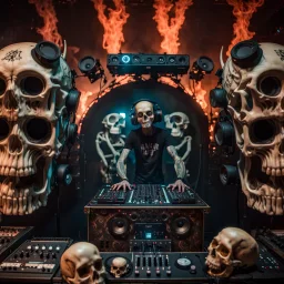 DJ of the damnded, insanely detailed DJ booth in hell, MID set, speakers and equipment made of bone, anatomically correct, add more skulls in th audience, photorealism, vray, 8k 3d, woofers in all empty eye sockets of stage equipment, wide angle, telephoto, from audience, all multicolored skulls,