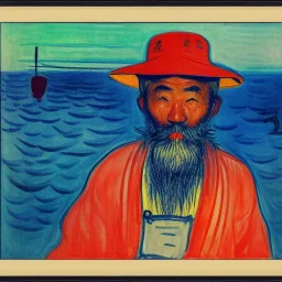 Portrait of OLd Japanese Fishermen,crane bird fishing , sunset with long beard, on boat wearing bucket hat, by edvard munch 8k