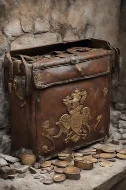 in the BASEMENT there is an old, broken brown oblong leather chest with short handles, from which gold coins from the time of Catherine the Great fall out. The ancient coat of arms of tsarist Russia, the double-headed eagle, is BARELY VISIBLE on the bag. There are a lot of broken bricks and earth around the bag. All in high quality 8K