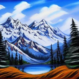 bob ross, painting, faraway mountains, snow-capped peaks, forest-covered hills, valley