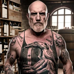 burly ugly 58 year old man bald with short beard and tank top tattoo chooses a bottle of wine in a cellar full of wine bottles dramatic light angry eyes highly detailed