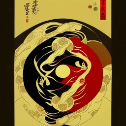 Ukiyo-e styled art, ying and yang sign