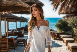 long shot, beautiful Turkish girl with nice blue eyes wearing a dress walks in shore toward camera , sharp focus all the scene, natural light, vertical composition, relaxed and natural, fresh and comfortable ,in seaside there are luxury beach hotels.