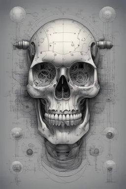 An Andy Warhol style illustration of a set of schematics for a cyborg skull, digital illustration, extreme detail, digital art, 4k, ultra hd, graphite pencil drawing, realistic, fine art, vray, 3d mandelbulber, octane 3d, digital painting, realistic and natural, cosmic sky, detailed full-color, hd photography, realistic surrealism, elements by dr. frankenstein detailed, gloss, hyperrealism, random neon wiring dayglo effects,and background color, industrial background, as a poster with more neon