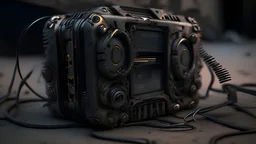 Futuristic black gadget mp3 player made with engine parts and wires dysoptia cyberage HAWKEN postapocalyptic dysoptia scene photorealistic uhd 8k VRAY highly detailed HDR