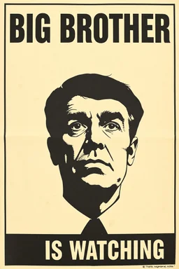 an old poster with the words"BIG BROTHER"(across top), the staring face of a man(middle, facing viewer), text "IS WATCHING"(across bottom), wwii era 1984 propaganda black and white printed poster on old paper