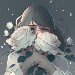 Pictures of a girl with a white background holding white roses covering her face Like from a cartoon movie, digital art, anime, 4k