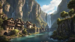 a medieval town at the foot of multiple waterfalls. a steep, narrow, tall cliff ravine. a masterpiece, fantasy concept art, dynamic lighting, hyperdetailed, intricately detailed, deep color, Unreal Engine, volumetric lighting, Epic cinematic brilliant stunning intricate meticulously detailed dramatic atmospheric maximalist digital matte painting