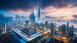 A city built among the clouds, with sleek, futuristic skyscrapers that pierce the sky. Floating walkways connect the buildings, and advanced hovercrafts zip through the air. The clouds below shift and change colors, reflecting the vibrant city lights. Award-winning photograph, 80mm focal length, rule of thirds.