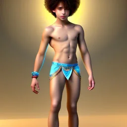 beautiful 12 year old arabic boy with curly hair and light blue eyes dressed in short transparent loincloth