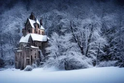 castle on a snow capped mountain, abstract, dark, forest, medieval